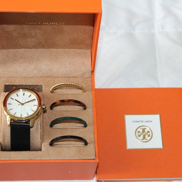 NIB TORY BURCH GIGI GOLD CASE BLACK LEATHER WATCH TOP RINGS GIFT SET TBW2018 main image 11